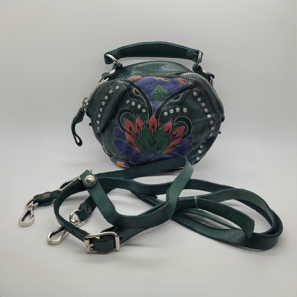 Campomaggi Green Leather Floral Studded Round Crossbody Bag Made In Italy
